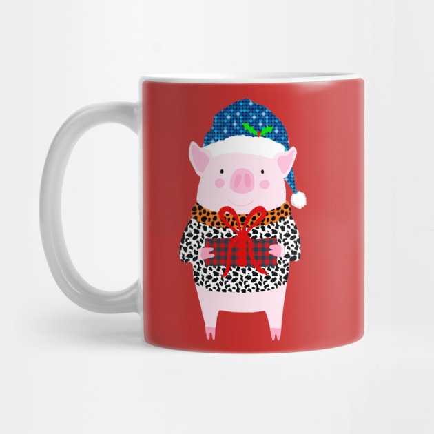 Christmas Pig Holiday Cute Piglet with Gift wearing Blue Santa Hat and Leopard Print by VegShop